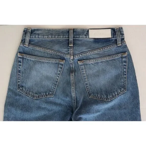 Re/Done Women's Sz 26 Blue Stove Pipe Crop Button Fly Raw Hem Denim Jeans $265 - Picture 4 of 10
